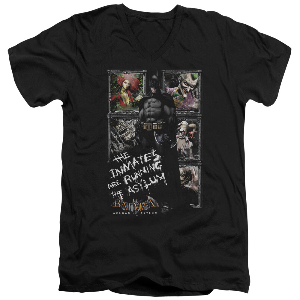 Batman Aa Running The Asylum Mens Slim Fit V Neck T Shirt Black