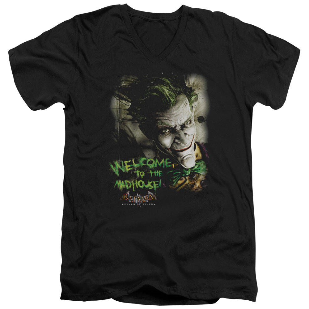 Batman Aa Welcome To The Madhouse Mens Slim Fit V Neck T Shirt Black