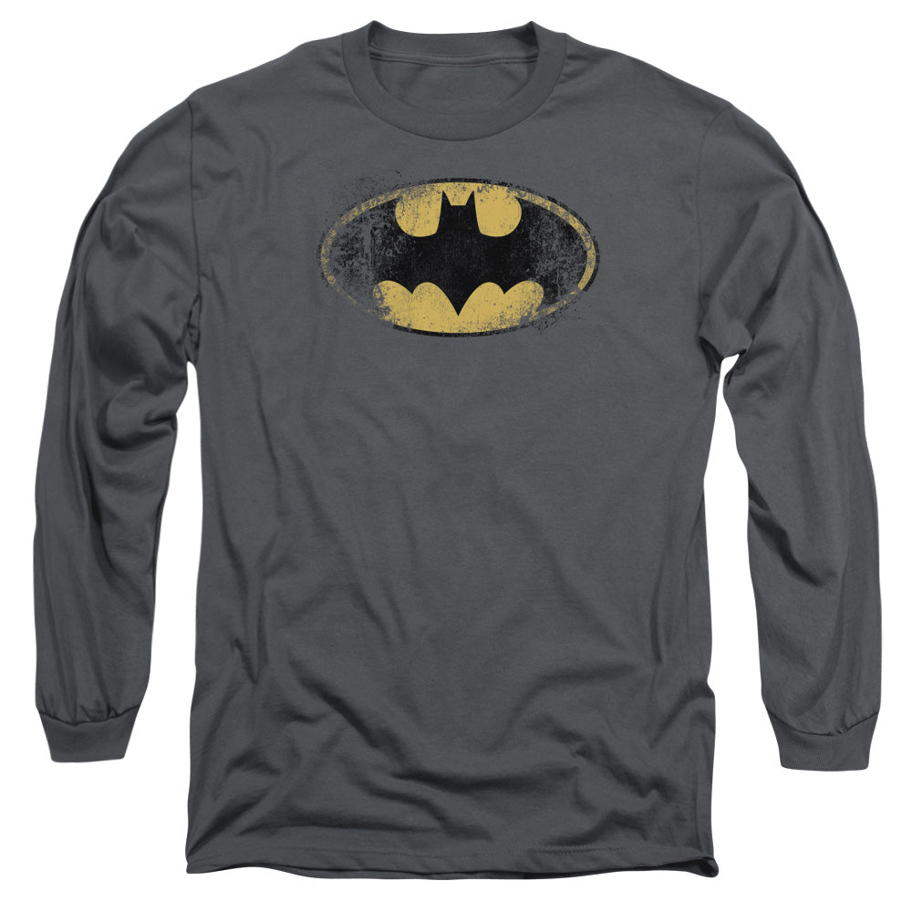 Batman Destroyed Logo Mens Long Sleeve Shirt Charcoal