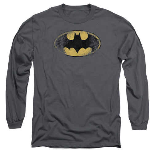 Batman Destroyed Logo Mens Long Sleeve Shirt Charcoal