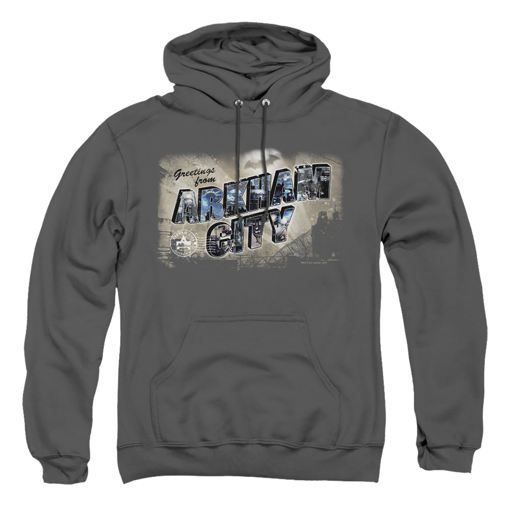 Arkham City Greetings From Arkham Mens Hoodie Charcoal