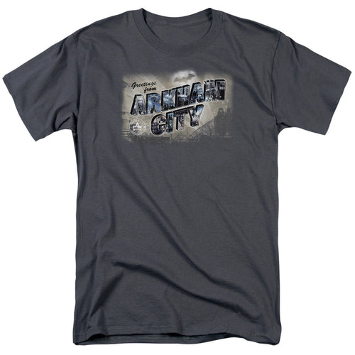 Arkham City Greetings From Arkham Mens T Shirt Charcoal