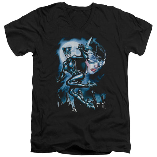Batman Moonlight Cat Mens Slim Fit V Neck T Shirt Black