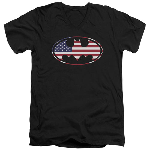 Batman American Flag Oval Mens Slim Fit V Neck T Shirt Black