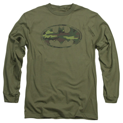 Batman Distressed Camo Shield Mens Long Sleeve Shirt Military Green