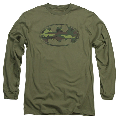 Batman Distressed Camo Shield Mens Long Sleeve Shirt Military Green