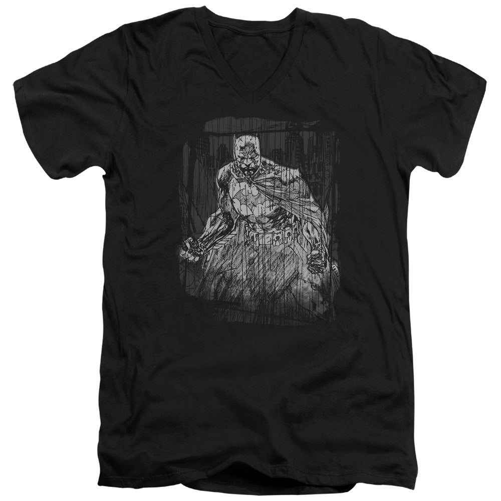 Batman Pencilled Rain Mens Slim Fit V Neck T Shirt Black