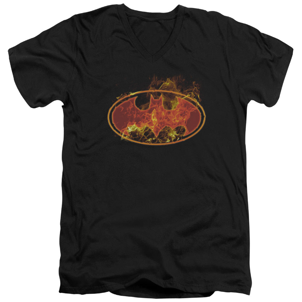 Batman Flames Logo Mens Slim Fit V Neck T Shirt Black