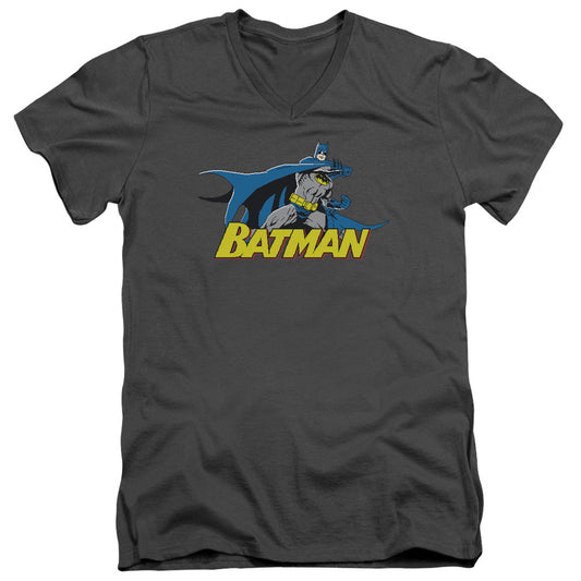 Batman 8 Bit Cape Mens Slim Fit V Neck T Shirt Charcoal