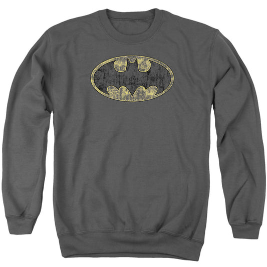Batman Tattered Logo Mens Crewneck Sweatshirt Charcoal