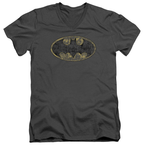 Batman Tatered Logo Mens Slim Fit V Neck T Shirt Charcoal
