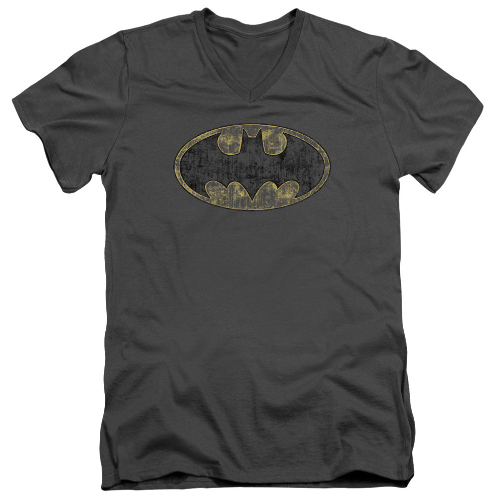 Batman Tatered Logo Mens Slim Fit V Neck T Shirt Charcoal