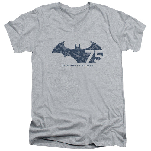 Batman 75 Year Collage Mens Slim Fit V Neck T Shirt Athletic Heather