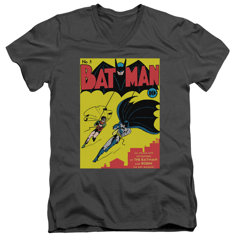 Batman Batman First Mens Slim Fit V Neck T Shirt Charcoal