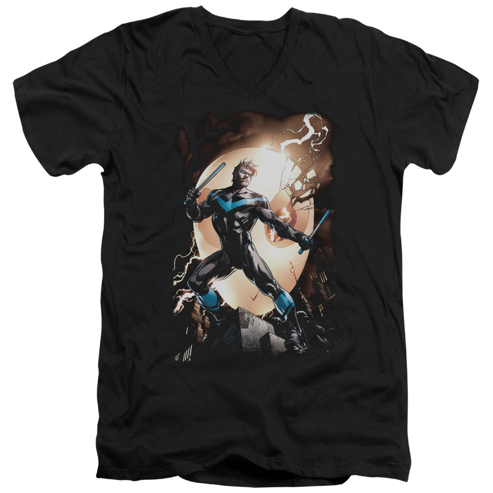 Batman Nightwing Against Owls Mens Slim Fit V Neck T Shirt Black