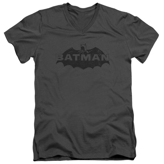Batman Newsprint Logo Mens Slim Fit V Neck T Shirt Charcoal