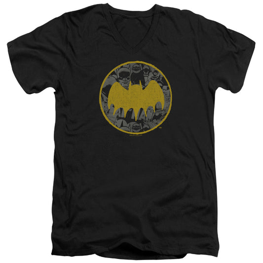 Batman Vintage Symbol Collage Mens Slim Fit V Neck T Shirt Black