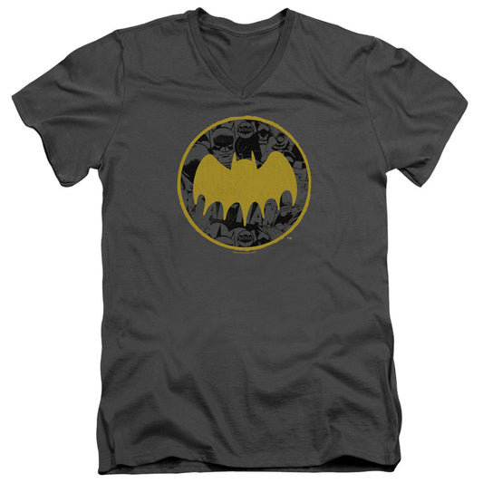 Batman Vintage Symbol Collage Mens Slim Fit V Neck T Shirt Charcoal