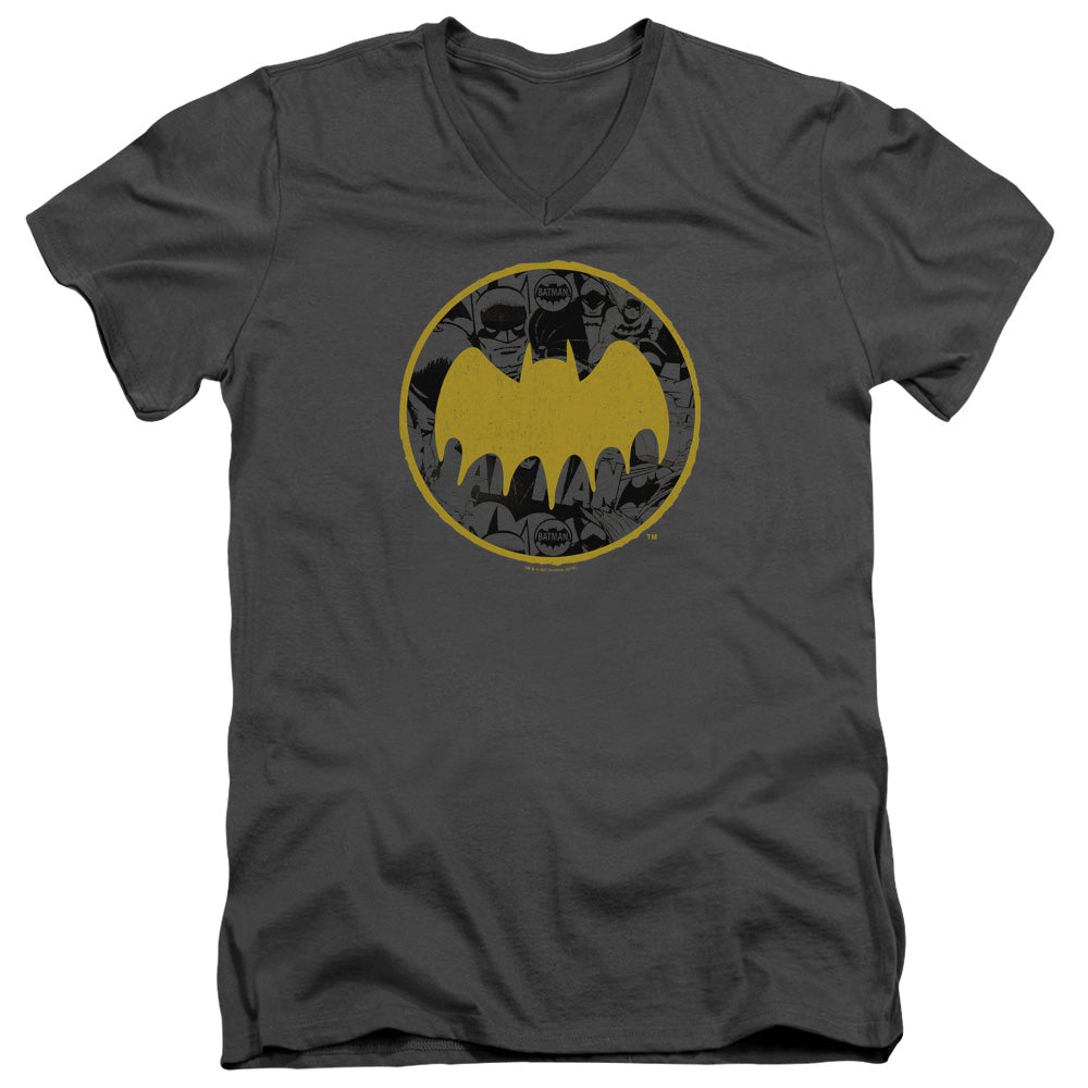 Batman Vintage Symbol Collage Mens Slim Fit V Neck T Shirt Charcoal