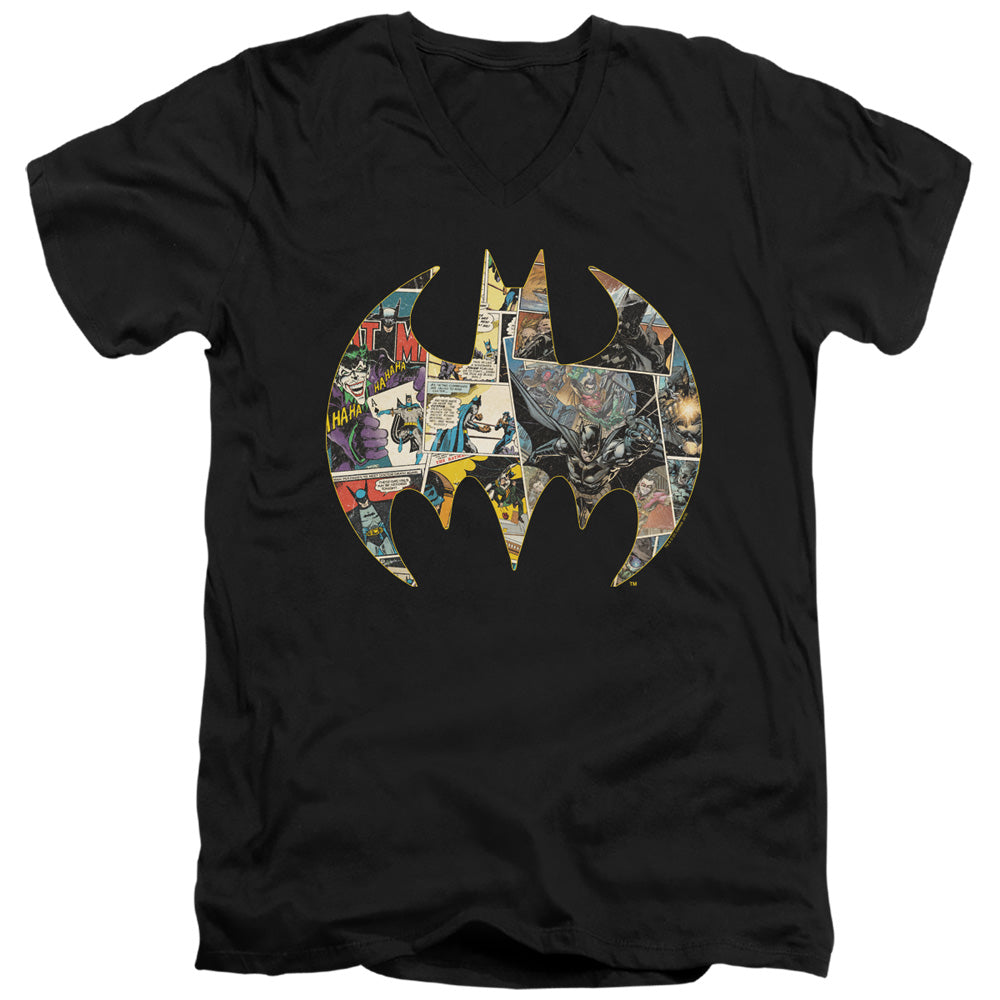 Batman Collage Shield Mens Slim Fit V Neck T Shirt Black