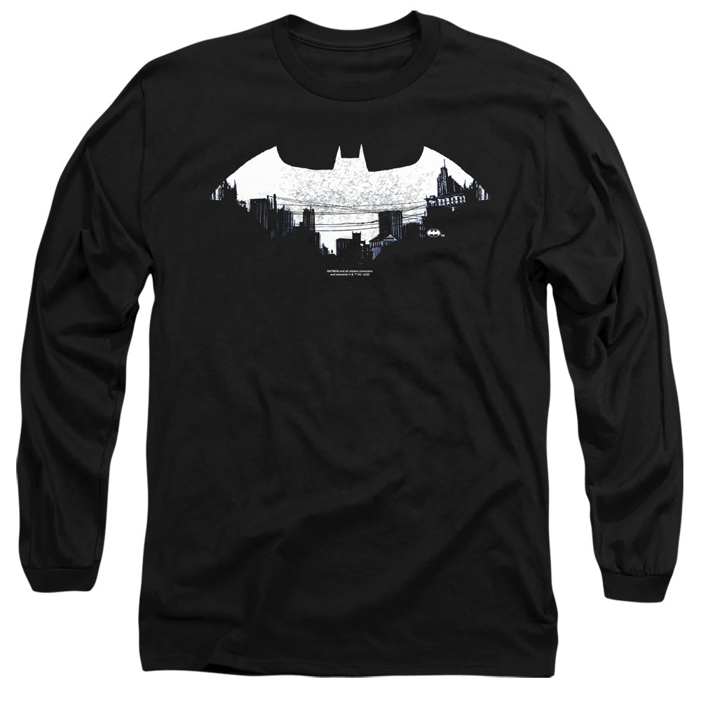 Batman Bat Logo Cityscape Mens Long Sleeve Shirt Black