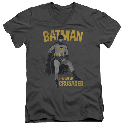 Batman Classic Tv Caped Crusader Mens Slim Fit V Neck T Shirt Charcoal