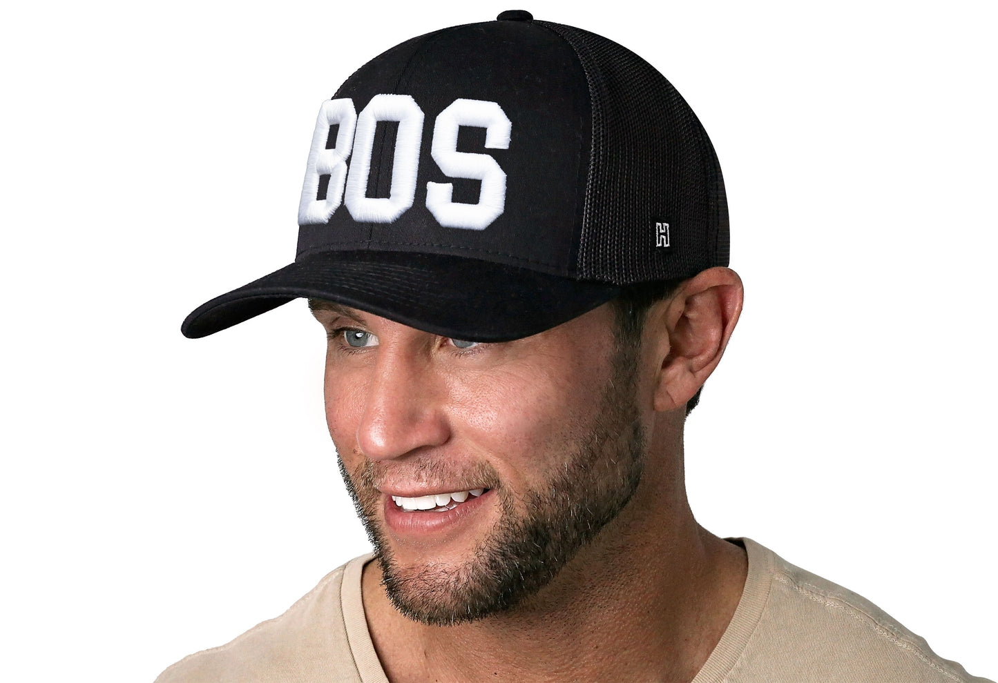 Boston White Block Trucker Haka Hat Black Massachusetts Snapback