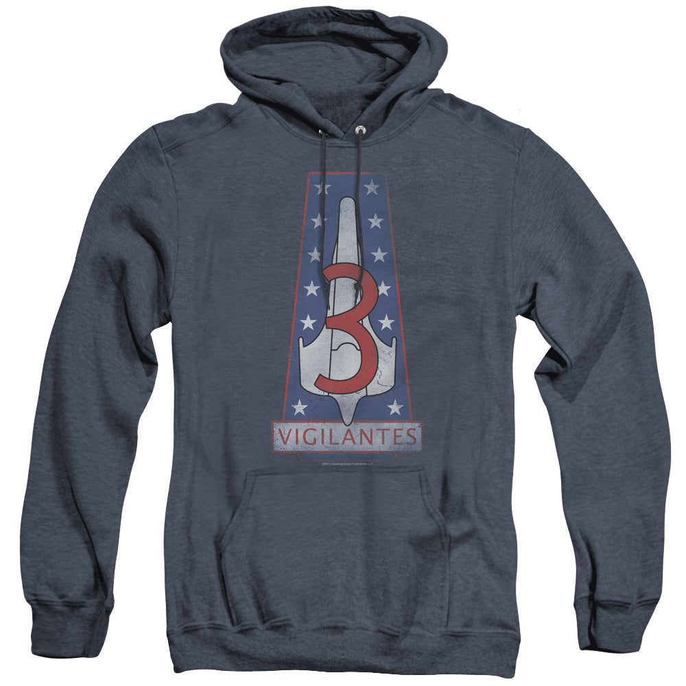 Battlestar Galactica Vigilantes Badge Heather Mens Hoodie Navy Blue