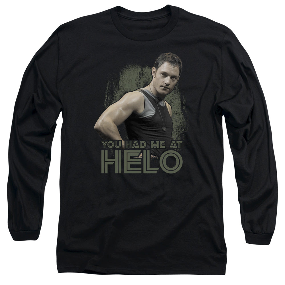 Bsg Had Me At Helo Mens Long Sleeve Shirt Black Officially Licensed