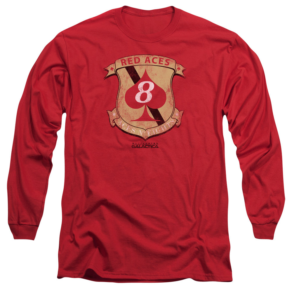 Bsg Red Aces Badge Mens Long Sleeve Shirt Red Officially Licensed