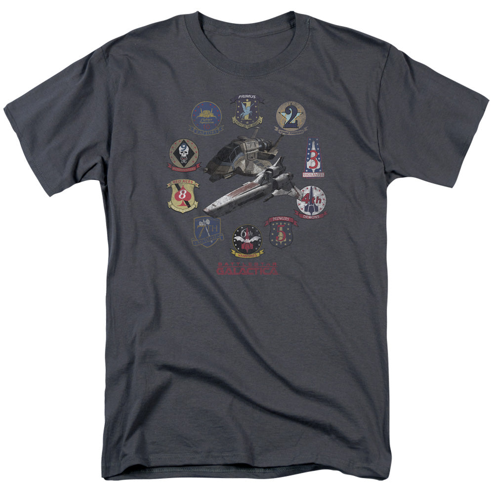 Battle Star Galactica Badges Mens T Shirt Charcoal