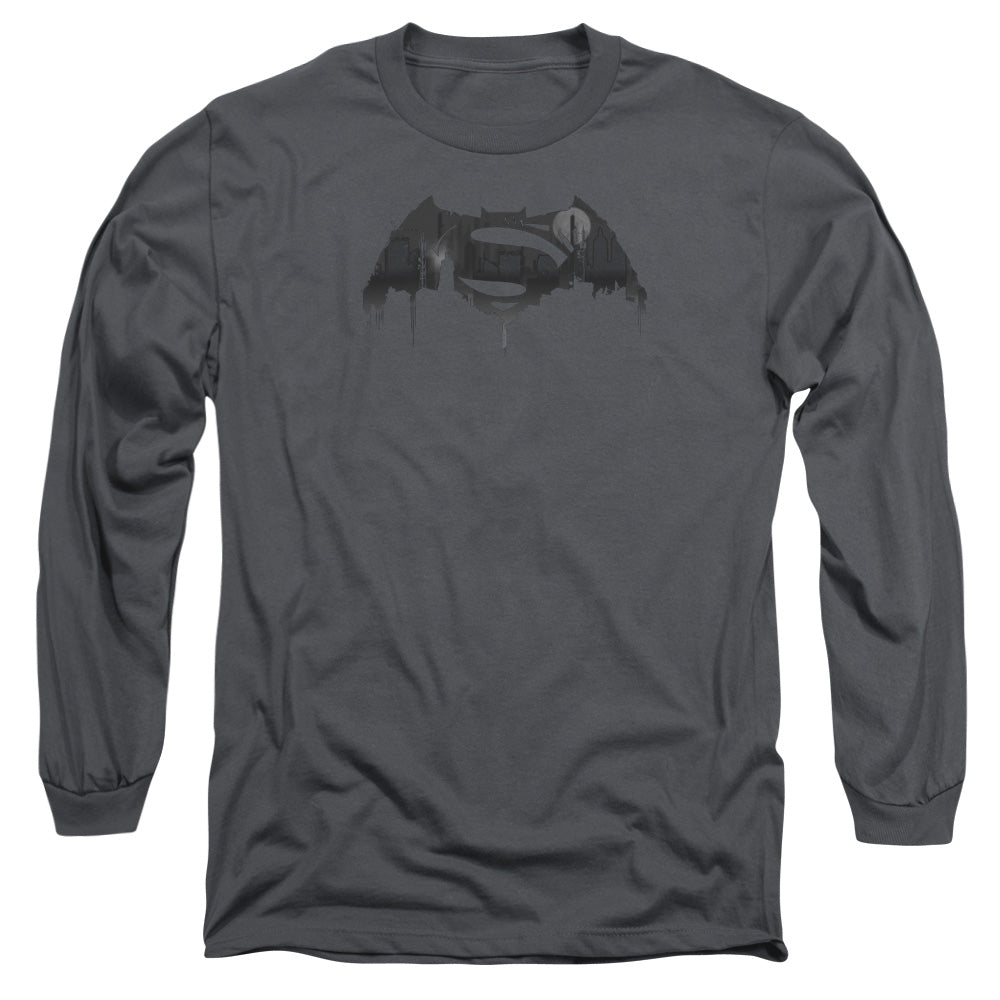 Batman V Superman Cityscape Logo Mens Long Sleeve Shirt Charcoal