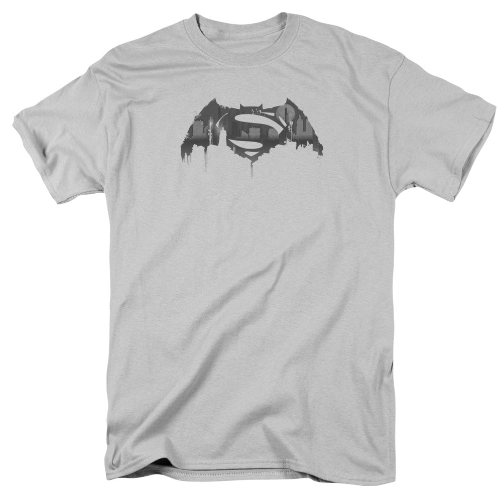 Batman V Superman Cityscape Logo Mens T Shirt Silver