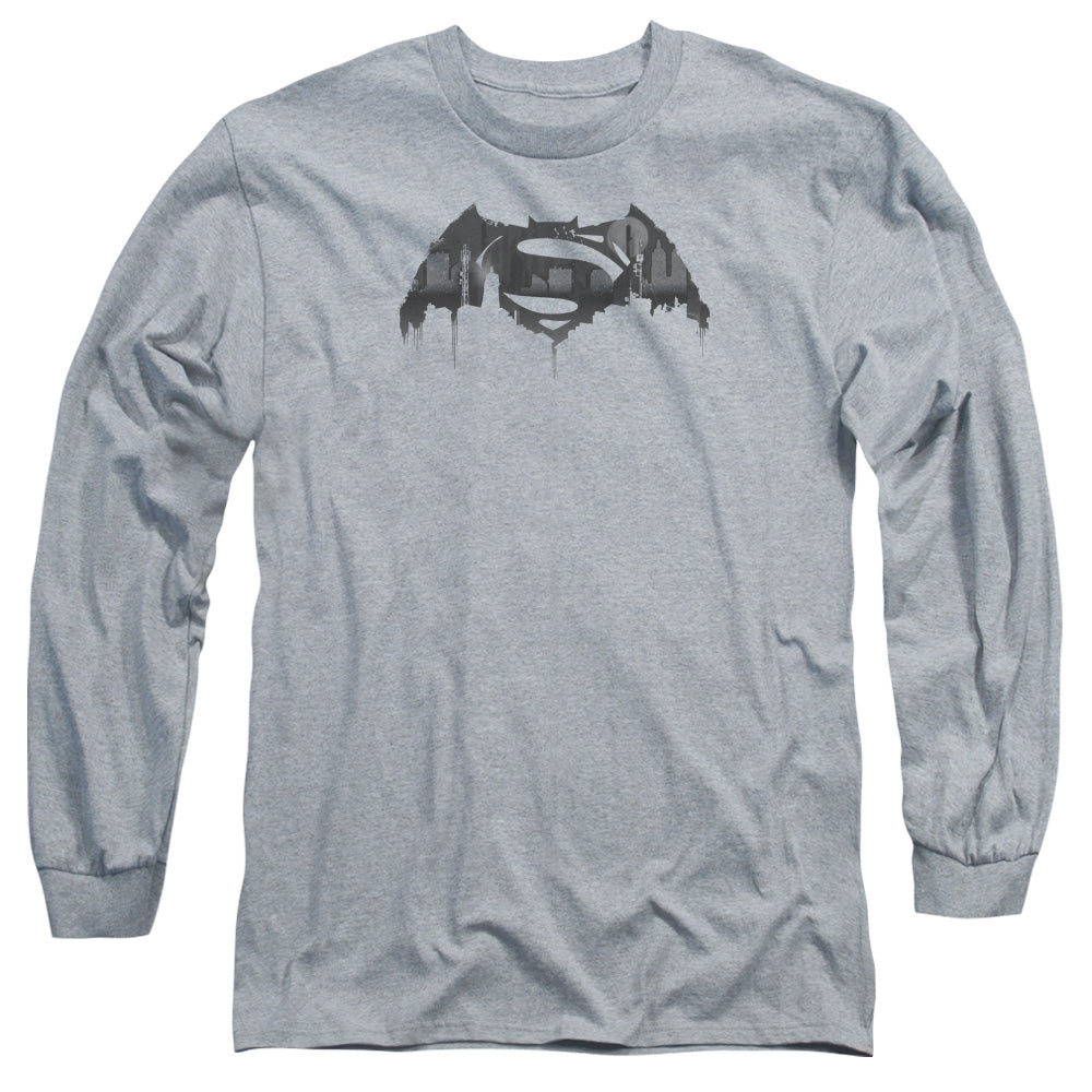 Batman V Superman Cityscape Logo Mens Long Sleeve Shirt Athletic Heather