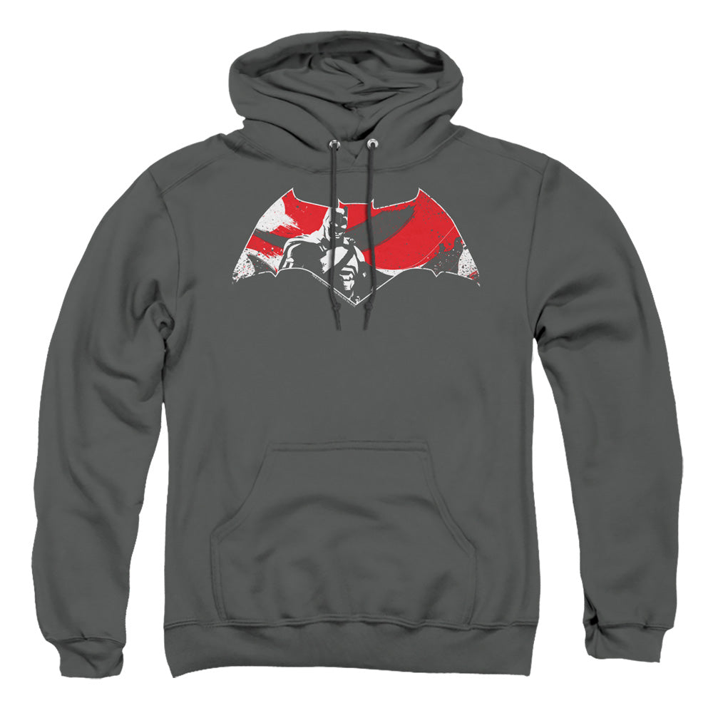 Batman V Superman Armor Splatter Logo Mens Hoodie Charcoal