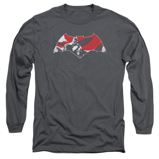 Batman V Superman Armor Splatter Logo Mens Long Sleeve Shirt Charcoal