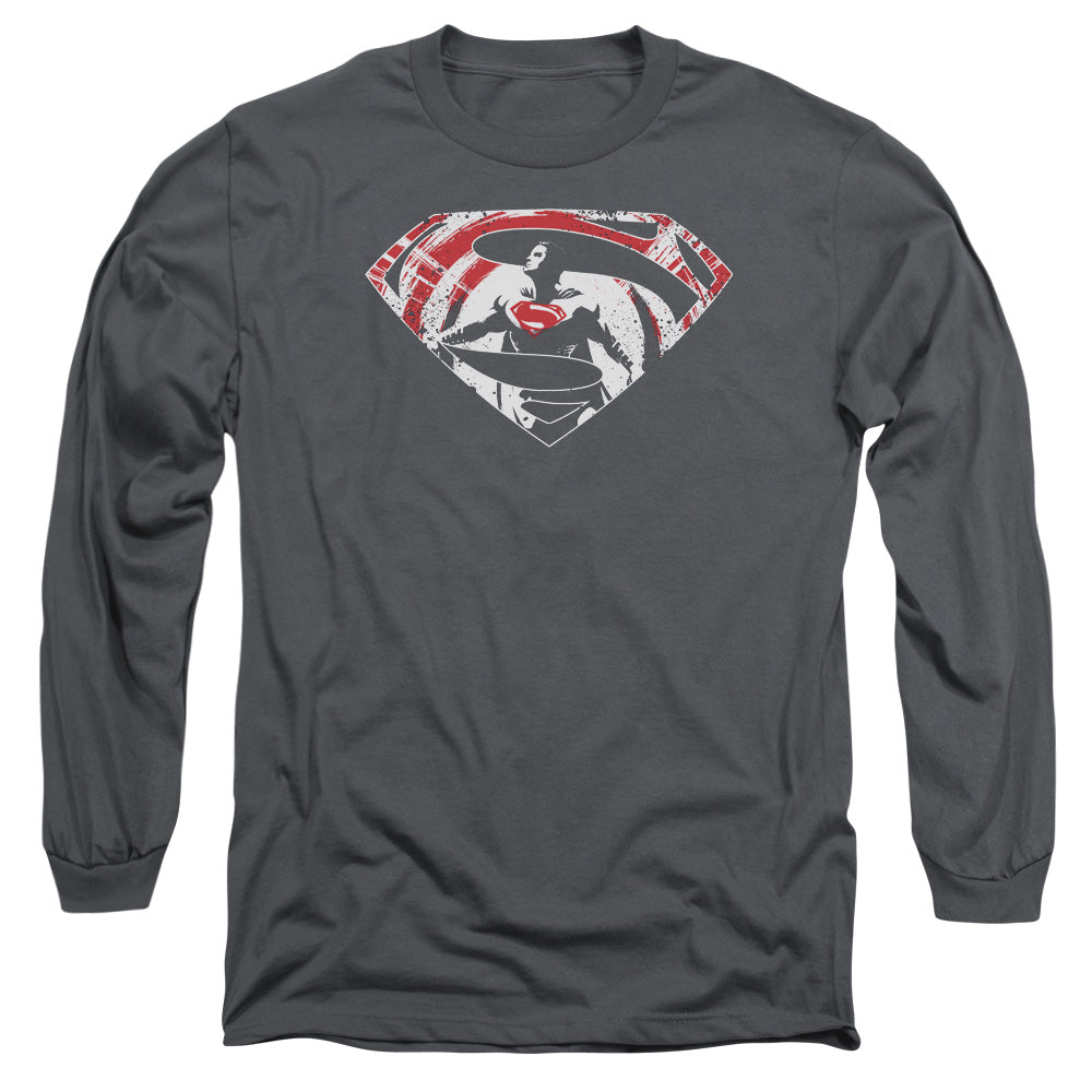 Batman V Superman Super Splatter Logo Mens Long Sleeve Shirt Charcoal