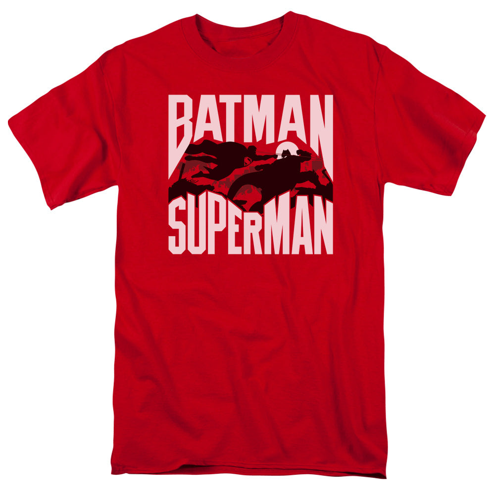 Batman Vs Superman Silhouette Fight Mens T Shirt Red