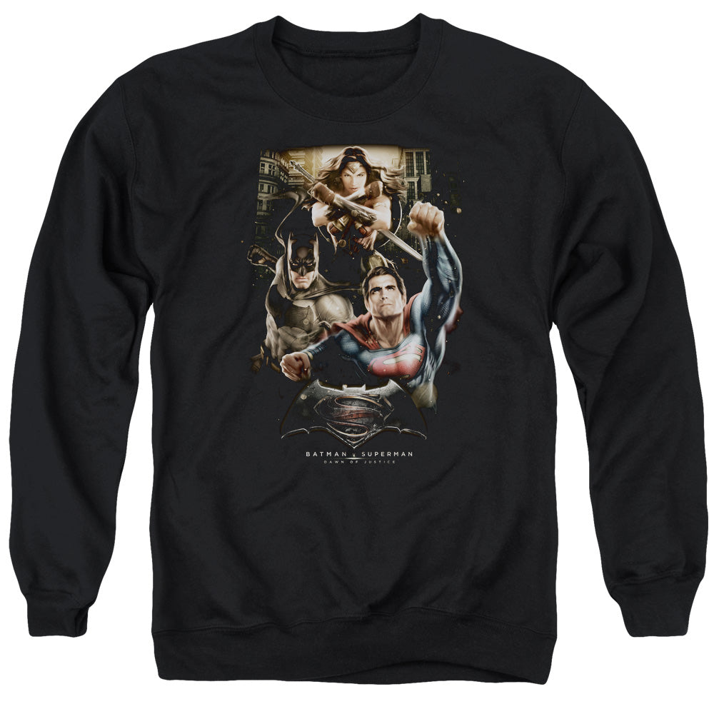 Batman V Superman Three In Action Mens Crewneck Sweatshirt Black Officially Licensed
