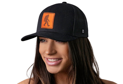 Bigfoot Leather Trucker Haka Hat Black Sasquatch Snapback