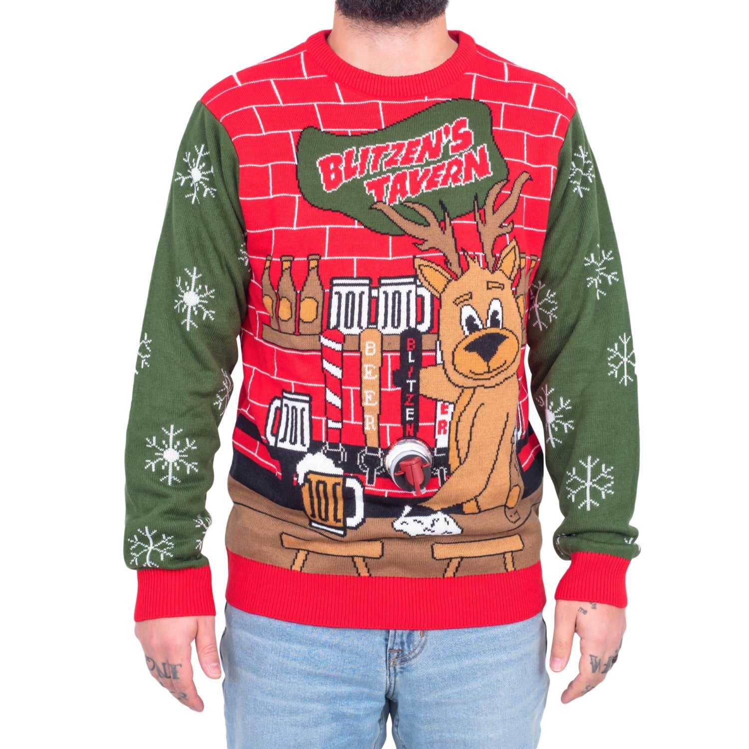 Blitzen's Tavern Funny Ugly Christmas Sweater With Beverage Dispenser
