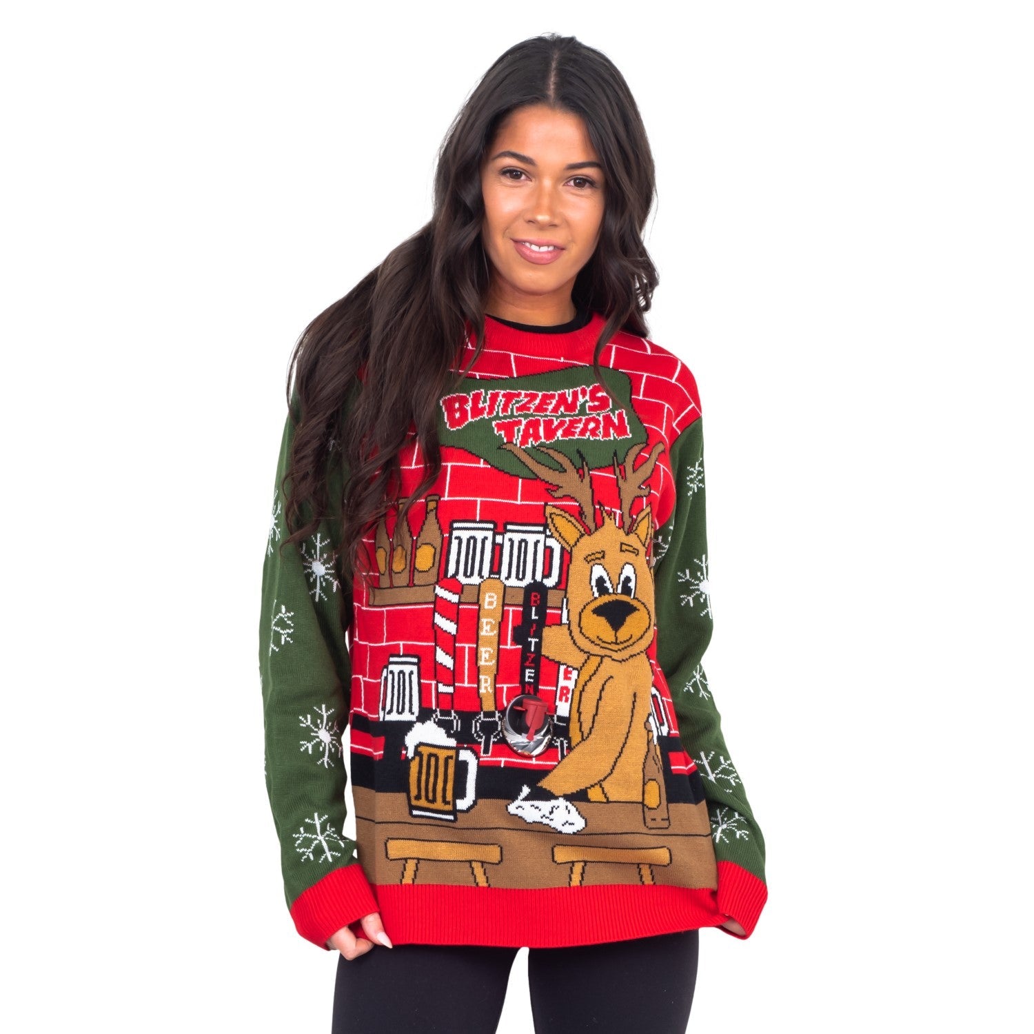 Blitzen's Tavern Funny Ugly Christmas Sweater With Beverage Dispenser