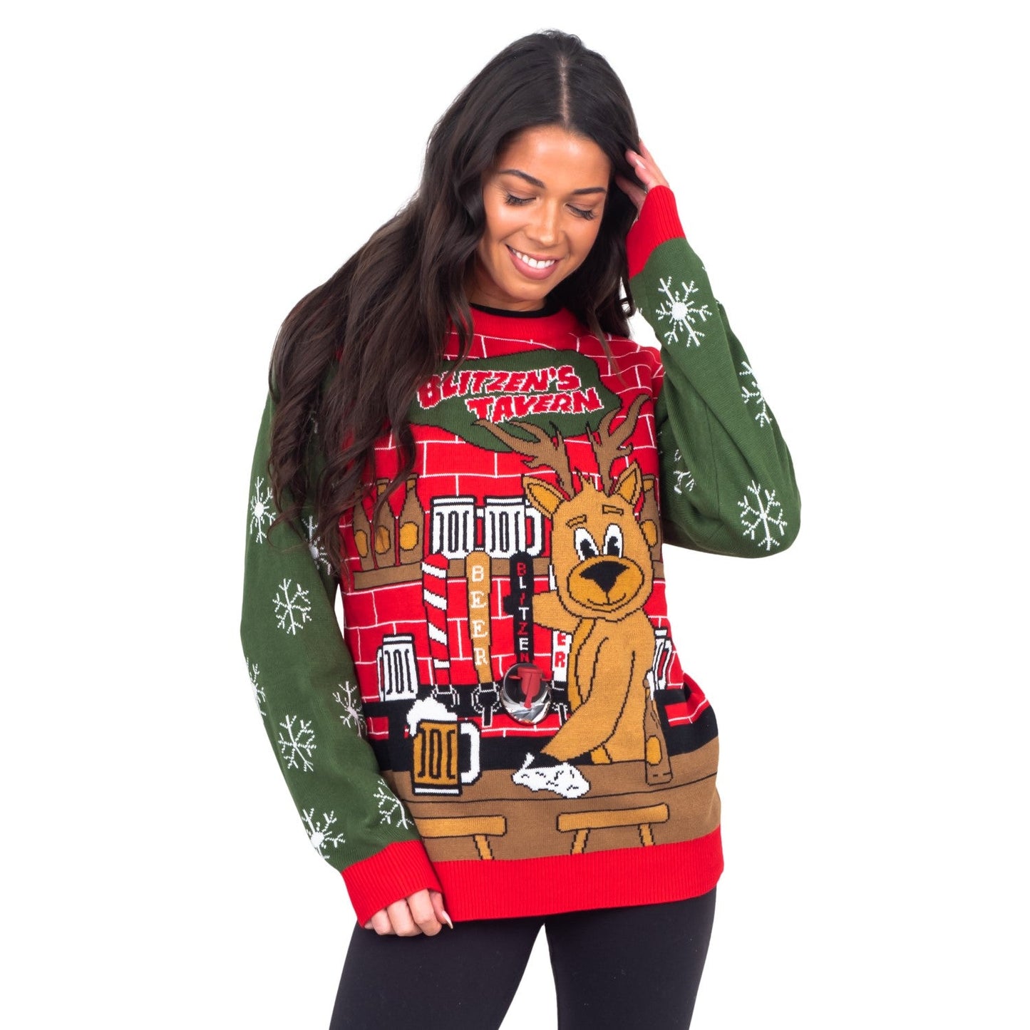 Blitzen's Tavern Funny Ugly Christmas Sweater With Beverage Dispenser