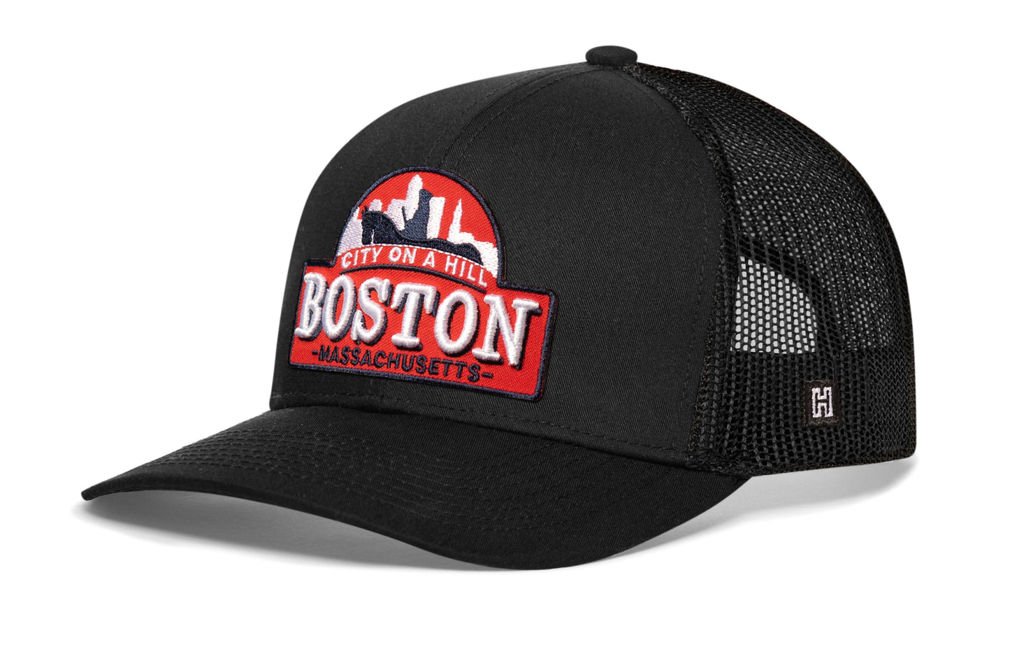Boston City On A Hill Trucker Haka Hat Black Cityscape Snapback