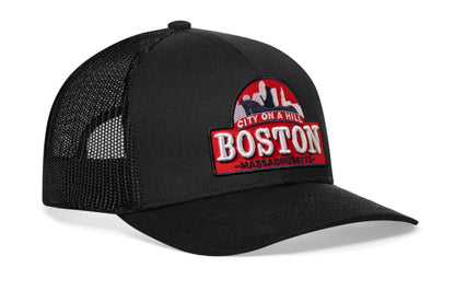 Boston City On A Hill Trucker Haka Hat Black Cityscape Snapback