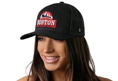 Boston City On A Hill Trucker Haka Hat Black Cityscape Snapback
