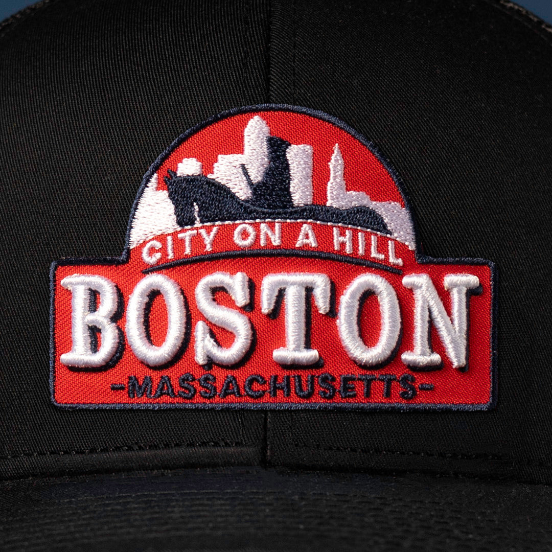 Boston City On A Hill Trucker Haka Hat Black Cityscape Snapback