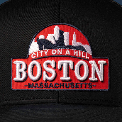 Boston City On A Hill Trucker Haka Hat Black Cityscape Snapback