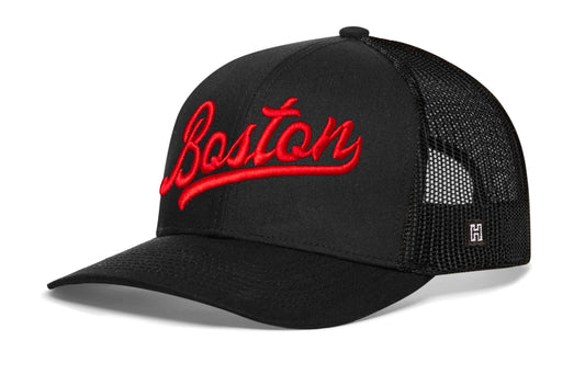 Boston Red Script Trucker Haka Hat Black Massachusetts Snapback