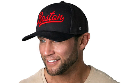 Boston Red Script Trucker Haka Hat Black Massachusetts Snapback